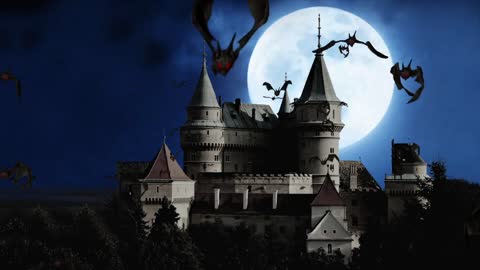 Castle Moon Night Bats Halloween Mystic