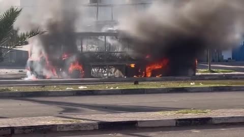 Israeli occupation aircraft bombed a bus in the middle of the Gaza Strip 🇵🇸