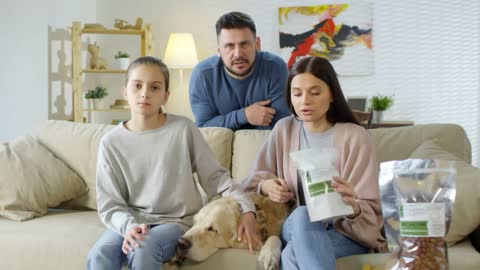 Sequence of shots of family with sick golden retriever dog