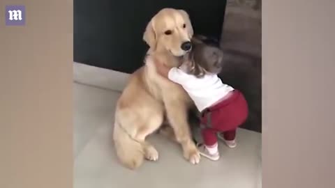 Cute girl hug her pet dog