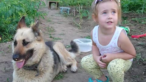 Little girl cute communicates with her dog