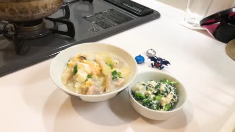How to make delicious Zosui and White mix of Tofu and spinach 雑炊 : )