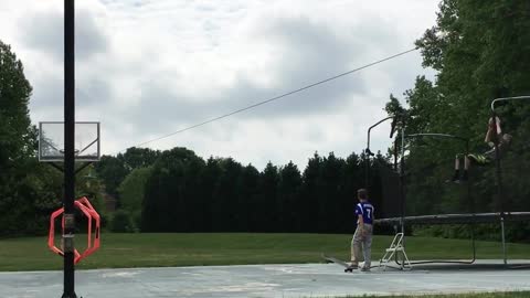 Kid Did An Amazing Basketball Trick Shot From A Trampoline!