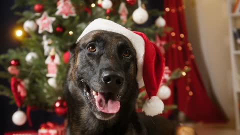 Dog wearing christmas hat close-up. Malinois bard posing, breathing with tongue out