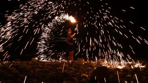 Effects of fire, a model spinning a fireball