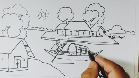 Simple Village scenery drawing. Scenery drawing. গ্রামের দৃশ্য আকাঁ। ছবি আকাঁ শেখা।