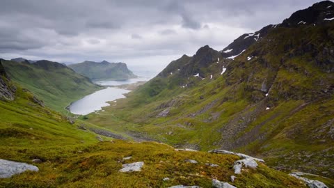 establishing shot of the kartfjorden lofoten islands norway