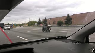 Guy records man on a highway riding motorcycle with dog on the back