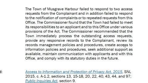 Failure to comply with Newfoundland & Labrador Privacy Commissioner by the Town of Musgrave Harbour