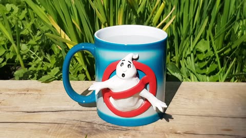 Turquoise gift mug chameleon Ghostbusters. Polymer clay magic cup by AnneAlArt