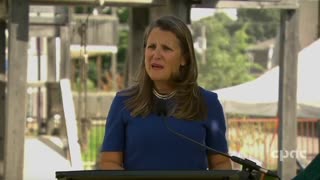 Chrystia Freeland gives a long-winded reply when asked why the government has issued a travel advisory for LGBTQ+ people to the US