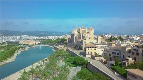 aerial view of the promenade and the cathedral of palma de mallorca in majorca