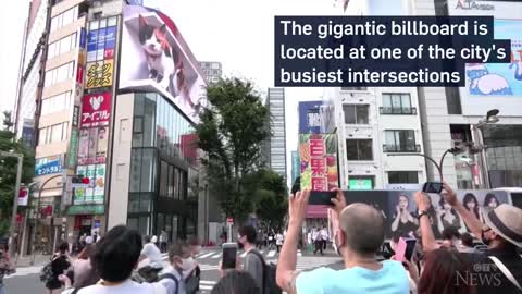 Giant 3D cat billboard dazzles in Tokyo