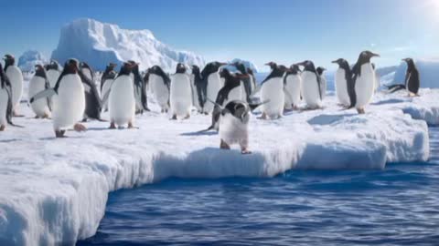 Many Gentoo penguins stand on the ice and then jump into the water.