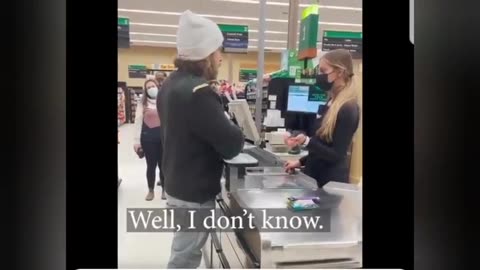 MAN POINTS OUT THE ABSURD TO CASHIER!