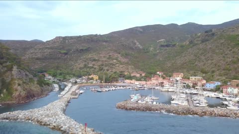 aerial view of the small marina of capraia island tuscan archipelago italy