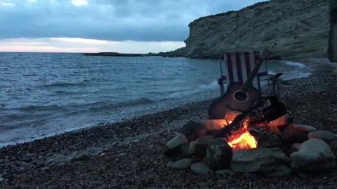 Relaxing Campfire by Beach at Sunset/ Cracking Fire & Wave Natural Sounds for Stress Relief- 7HOURS