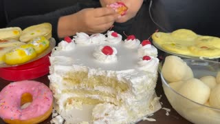 ASMR EATING CAKE WHITE FOREST CAKE,RASGULLA,RASMALAI,DONUTS AND CHUM CHUM _DESERT MUKBANG_