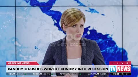 Female anchor presenting breaking news about global recession stock video