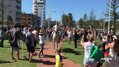 Aussie on horseback at covid tyranny protest at the NSW/Queensland!