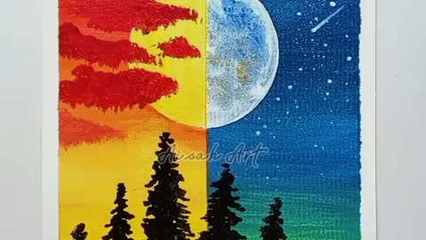 Sunset and Moonlight Night Scenery Painting tutorial for Beginners