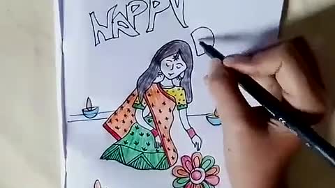 Diwali drawinggirl making rangoli traditional girl drawing