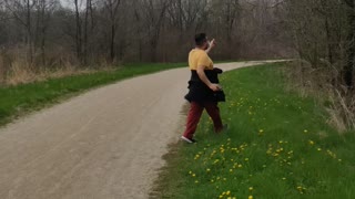 Walking and listen to music at a forest