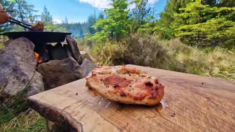 Pizza Recipe with Chicken Bacon and Chilli outdoor cooking on open Fire ASMR Cooking