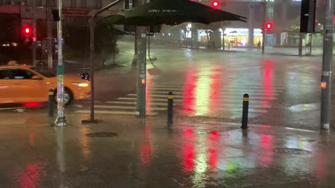 Heavy rain on intersection