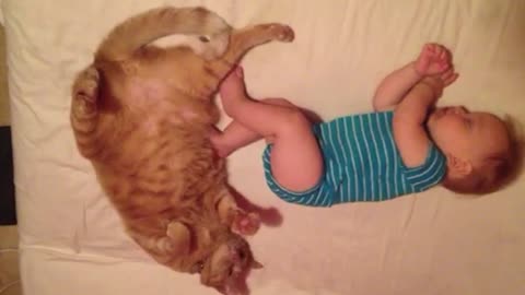 Fluffy, Fat, Orange Cat Gives Sleeping Baby A Butt Massage