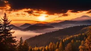 Magnificent sunset over forest and mountains