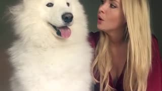 Woman howls with white husky