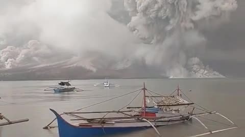 Indonesia's Mount Ruang volcano just after the eruption viewed from Tahulandang Island