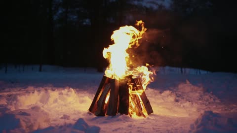 Fire pyre in a snowy forest