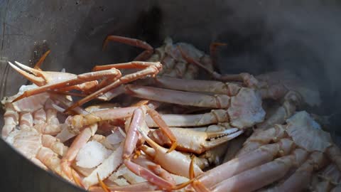 Boiling Big Fresh Crab Legs On Ice For Their Dinner