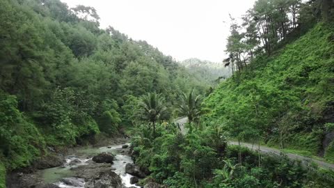 An Aerial Footage of a Winding Road beside Mountain Forests