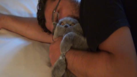 Cat Enjoys The Warm Bear Hugs Of His Owner