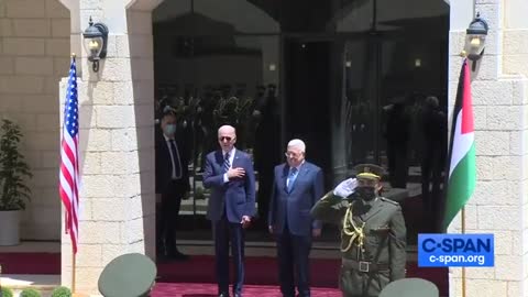 Palestinian honor guard butchers National Anthem in front of Biden
