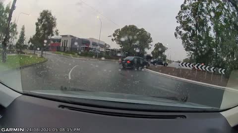 Car Loses Control on a Roundabout