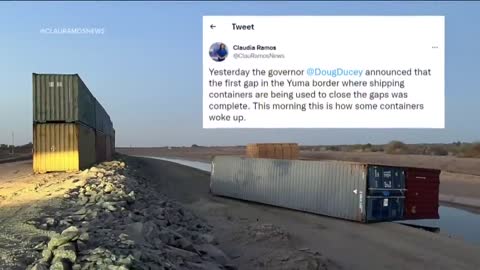 Part of Arizona’s shipping container border wall tipped over
