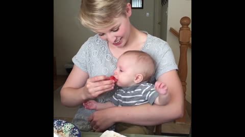 Baby Tries a Piece of Watermelon. Watch What Happens When Mom Takes It Away!