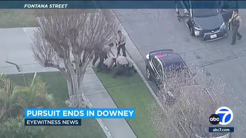 A DUI suspect drove on a shredded tire during a chaotic chase that ended in Downey.