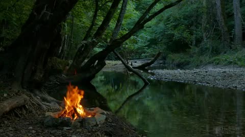 4K Campfire around river / Relaxing & Nature Sounds