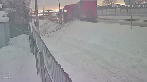 Semi Slides Off Snowy Russian Highway