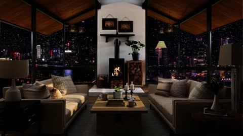 Snowy City Apartment with Crackling Fireplace and Jazz Music