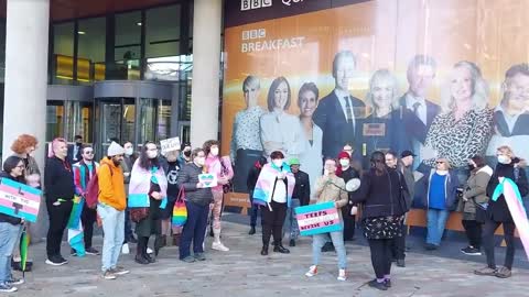 Protesters gather outside BBC studios in Manchester over article deemed transphobic
