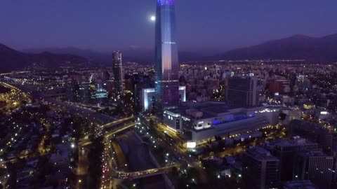 Aerial view of Costanera center after sunset in Santiago