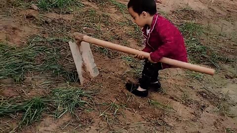 Little Cute ababy working as Farmer in Field