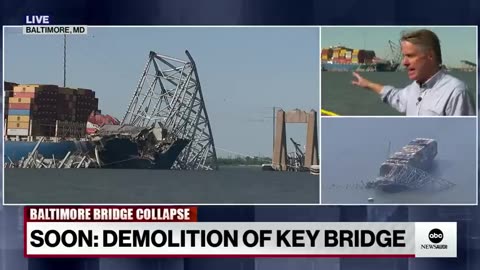 Collapsed Key Bridge breaks apart by controlled explosives ABC News