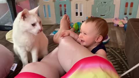 The baby had a good time with the cat